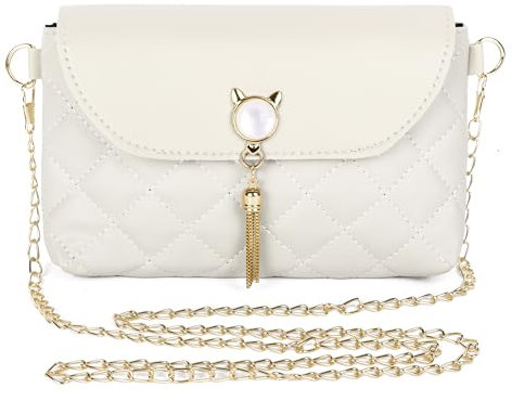 Fililogor Damen Umhängetasche Kleine Handtaschen PU-Leder Crossbody Bags mit Kette Messenger Umhängetaschen mit niedlichen Quasten in Katzenform Geldbörse für Mädchen und Damen (Weiß)