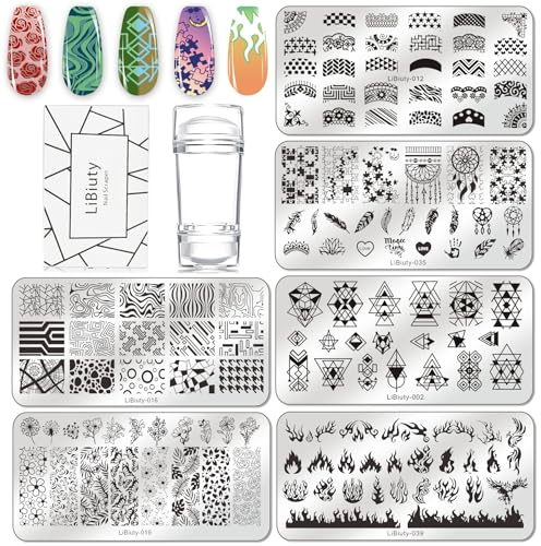 BUDOCI 6st Nagel Stamping Schblonen Platte Set,Nail Stamping Kit mit Nagelplatte,Stempel und Schaber für Nagelstempel Maniküre French Nail Art
