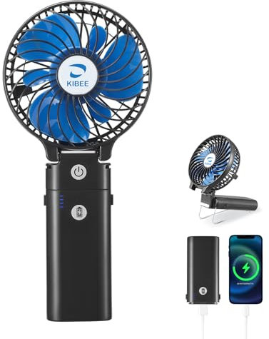 KIBEE Portable Handheld Fan, 5200mAh USB Rechargeable [20H Max Runtime] with Power Bank, Foldable 180° Mini Personal Fan, 3-Speed with Stand for Travel/Outdoor/Makeup/Concerts (Black)