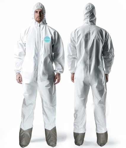 Andes Hazmat Suits, Protective Coveralls with Attached Boots, Heavy Duty Full Body Disposable Painters Suits, Lab Coveralls (1, Large)