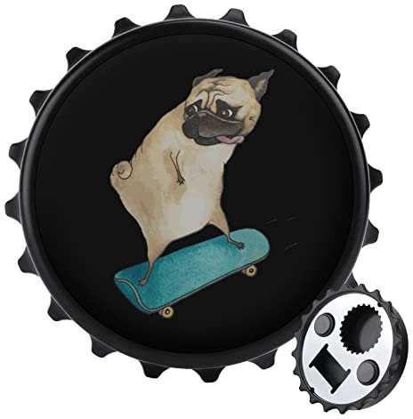 Abridor de botellas con imanes para nevera portátil y fuerte, diseño de perro carlino y monopatín, bonito estilo negro