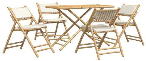 Keyroto 5-TLG. Bistro-Set Klappbar mit Cremeweißen Kissen Bambus, Balkon Sitzecke, Balkon Tisch Und Stühle, Gartentisch Mit Stühlen, Gartengarnitur Set, Essgruppe Garten