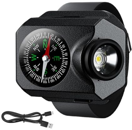 Gvblkq Linterna de supervivencia, linterna de muñeca, luz de correr manos libres con función de brújula, termómetro Paracord luz de carrera de montañismo, linterna recargable