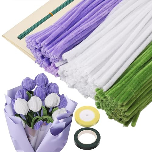 320stk Pfeifenputzer zum Basteln, Pfeifenreiniger Blumen mit Floristenkrepp, Flexibel Verdickt Chenilledraht, 30cm Lang Pfeifenreiniger Grün Weiß Lila, Pipe Cleaner Bastelset für DIY Dekorieren