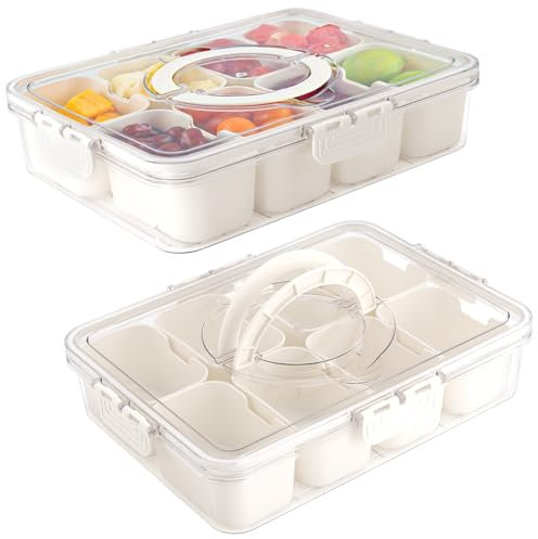 SINJEUN 2 Pack Snackle Box Container, Clear Plastic Divided Serving Tray with Lid and Handle, 8 Compartments Snackle Box for Organize Fruit, Vegetable, Candy