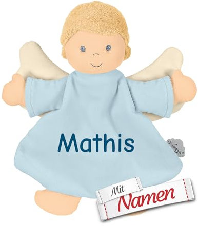 Sterntaler Kuscheltuch/Schmusetuch Bestickt mit Namen und Geburtsdatum für Baby & Kinder personalisiert (Schutzengel Blau)