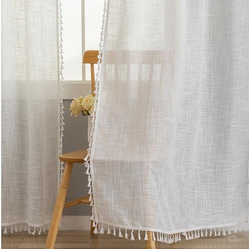 VOILYBIRD 2 Stück Weiß Natürliches Leinen Mischgewebe Bauernhaus Landhausstil Vorhänge für Schlafzimmer Wohnzimmer (H200 x B140 cm, Weiß Quasten)