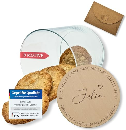 Vorratsgläser mit Deckel personalisiert mit Gravur, kleine Geschenke, Keksdose personalisiert, Dankeschön Geschenke, Holzdeckel mit Gravur, Personalisierte Geschenke, Danke Geschenk (Design 2, 530ml)