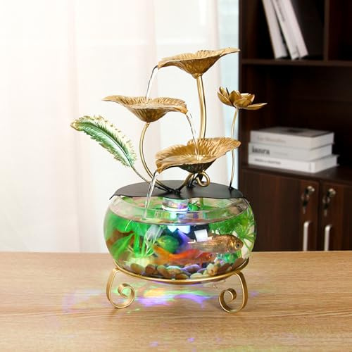 MIXIUJIEN Fontaine à eau en forme de fleur de lotus dorée avec lumières LED et aquarium, décoration de table élégante pour la maison et le bureau, cascade intérieure relaxante pour ambiance de bureau