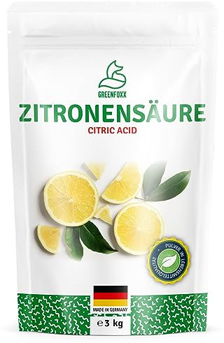 GREENFOXX Zitronensäure - 3 kg Beutel | Pulver Lebensmittelqualität - Als Entkalker und Reinigungsmittel vielseitig in Küche, Bad und Haushalt anwendbar - 1x