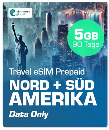 Simmetry North & South America Daten eSIM, 5GB, 90 Tage, kompatibel mit eSIM-fähigen iOS- und Android-Geräten, Hotspot-Sharing erlaubt, ideal für Lange Reisen oder dauerhafte Nutzung.