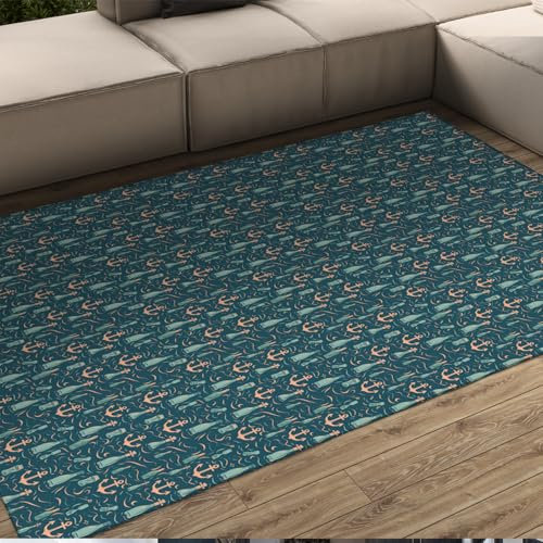 HOBBOY Verde Oceano Tappeto Bottiglie Ancora Stampa Area Tappeti Tutte le Stagioni Home Decor Tappetino Tappeto Sottile per Soggiorno Lavanderia Cucina Divano 120 x 160 cm
