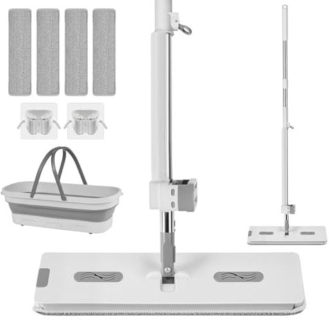 Truevaste Wischmopp Set mit Auswringfunktion, 8-TLG. Bodenwischer Set mit Faltbarer Putzeimer 4 Mikrofasertüchern 2 Besenhalterung Wand Selbstklebend, Mop Set mit Eimer für Haushalt Büro & Restaurant