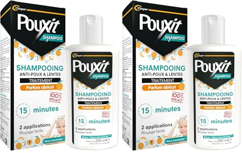 POUXIT - Shampooing anti-poux et lentes - Agit en 2 applications de 15 minutes (1) - Traitement du cuir chevelu - Parfum abricot - Flacon de 200 ml (Lot de 2)