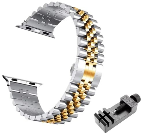 Quirxio Correa de acero metálico para Apple Watch Ultra Band 49 mm 46 mm 44 mm 38 mm 42 mm Pulsera de repuesto IWatch Series 10 9 8 7 6 5 45 mm 41 mm Correas de reloj de ACERO INOXIDABLE(Silver Gold T