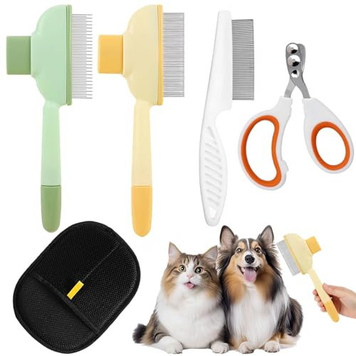 3 Stück Hundebürste Katzenbürste für Langhaar und Kurzhaar, Tierhaarentferner Handschuh, Flohkamm, Haustierhaar von der Fellblitz Bürste Katze mit Einem Knopf, Katzenkamm für Haaren