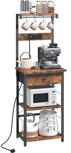 MAHANCRIS Bakers Rack, Microwave Stand, Coffee Bar Station, Kitchen Storage Shelf Rack with Drawer and Power Strip, 4 Hooks, for Kitchen, Living Room, Dining Room, Rustic Brown and Black ABRHR48KE01