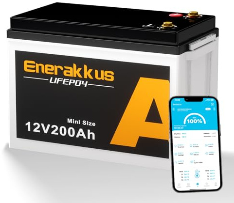 Enerskkus 12V 200AH LiFePO4 Lithium Batterie Mini Size, 2560Wh Bluetooth Batterie,200Ah BMS mit Niedrigtemperaturschutz, Max. 15.000 Ladezyklen für 10 Jahre, für Wohnmobile,Solaranlagen,Boot,Camping