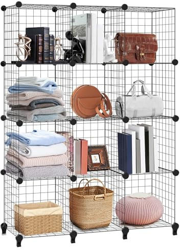 12 Cube Wire Grid Storage Rack with Rubber Mallet Anti-Tip Kit, Cube Wire Grid Stackable Storage Shelves, Interlocking Shelving Unit with Metal Mesh Shelves, Shoe Cabinet Modular Mesh Panel Organizer