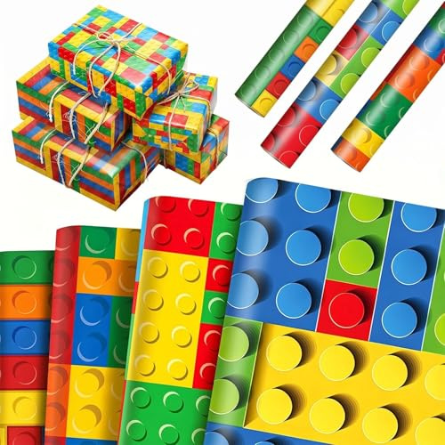 Bausteine Geschenkpapier 12 Blatt Geburtstag Geschenkpapier | Buntes Packpapier Geschenkpapier Set für party, Geburtstag, Einschulung, 68 x 51 cm