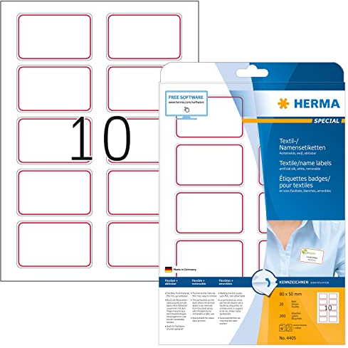 HERMA 4405 Namensetiketten ablösbar, 20 Blatt, 80 x 50 mm, 10 pro A4 Bogen, 200 Stück, selbstklebend, bedruckbar, rückstandsfrei abziehbare Acetatseide Namensaufkleber Etiketten, weiß rot