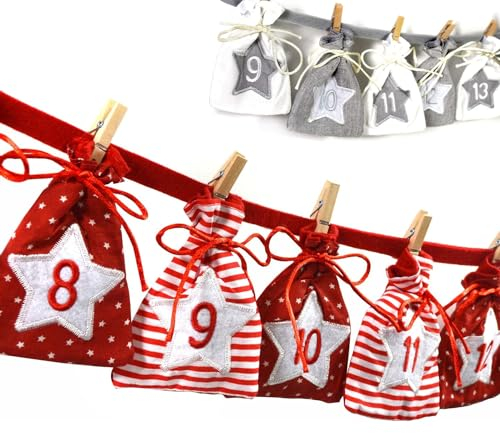 Frau WUNDERVoll® Adventskalender zum Befüllen - Stoff, rot weiß/Weihnachtskalender Zahlen Beutel Sack Säcke Säckchen Stoffbeutel Baumwolle Baumwollsäckchen Geschenkbeutel Stoffsack Stoffsäckchen