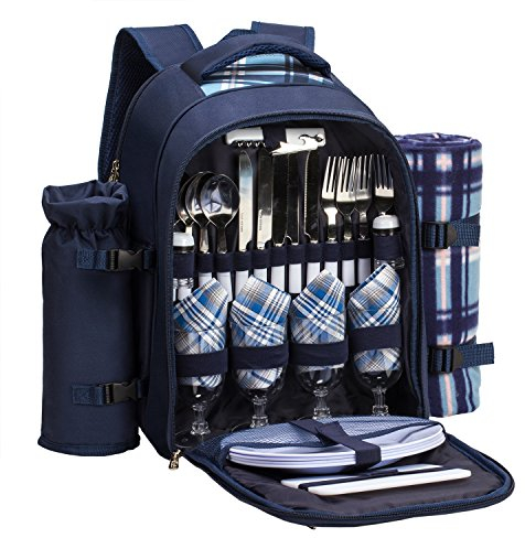 apollo walker Picnic Backpack Set for 4 with Cooler Compartment,Detachable Bottle/Wine Holder Including Large Picnic Blanket(45x 53) for Picnic Family and Lovers Gifts,Outdoor,BBQ Time (Blue)