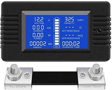 DC Multifunction Battery Monitor Meter,0-200V,0-100A (Widely Applied to 12V/24V/48V RV/Car Battery) LCD Display Digital Current Voltage Solar Power Meter Multimeter Ammeter Voltmeter