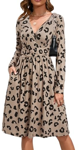 OUGES Women's Midi Dress V-Neck Wrap Casual Ladies Long Sleeve Dress Leopard Print with Pockets(Leopard01,XXL)
