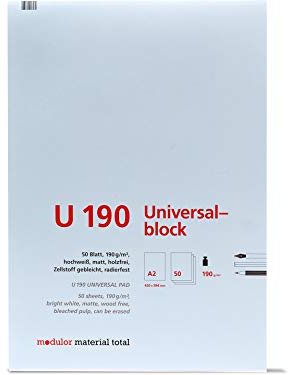Modulor Universalblock U190, Zeichenblock DIN A2 mit 50 Blatt (blanko), Skizzenblock aus hochweißem Papier mit matter Oberfläche, 190 g/m², 420 x 594 mm