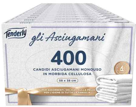 Tenderly Asciugamani Monouso, 16 Confezioni da 25 Candidi Asciugamani Monouso Realizzati in Pura Cellulosa, Super Assorbenti e Delicati sulla Pelle, Made in Italy, Dermatologicamente Testato