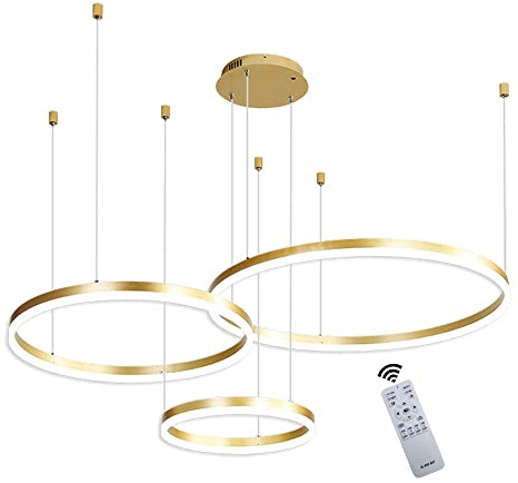 LED Pendelleuchte Modern Dimmbar Pendellampe Esstischlampe 75W 3-Ring Höhenverstellbar Hängeleuchte Gold Aluminium Acryl Kronleuchter mit fernbedienung Wohnzimmer Esszimmer Hängelampe 40+60+80cm