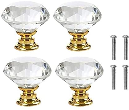 Yesmin Crystal Door Knobs,4 Pcs 30MM Crystal Drawer Carbinet Door Handle Puller with Screws for Home Kitchen Office Drawer Cupboard Closet(Gold)