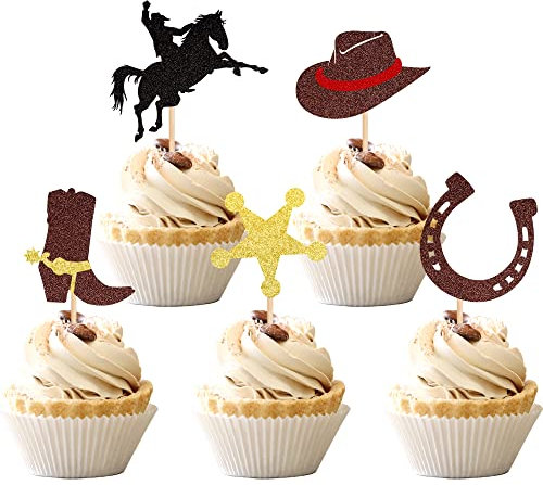 30 PCS Cowboy Cupcake Toppers Glitter HorseShoe Cowboy Hats Boots Cupcake Picks Western Theme Baby Shower Birthday Party Cake Decorations Supplies
