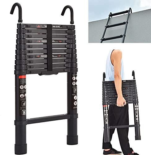 3.2M/10.5FT Teleskopleiter mit abnehmbarem Haken Aluminium Heavy Duty ausziehbare Faltbare Mehrzweckleiter EN131 sicherheitsgeprรผft schwarz