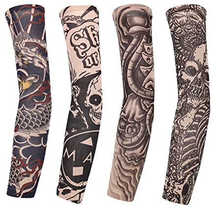 4PC Maniche Tatuaggio,Manica a Tatuaggio,Nylon Elastiche Realistico Tatuaggio Temporaneo Finti Tattoo Sleeve,Manicotti da braccio per Uomo Donna,Sportiva Protezione,Ventilazione di Protezione Solare