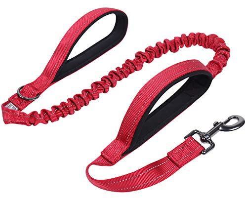 VIVAGLORY Hundeleine Pullsafe Bungee Leine Hund, Führleine Hundeleine mit Doppelgriff & Zwei Griffen für Hausleine Joggingleine, Bungee & Stark Ziehende für Hunde, 120 x 2.5cm, Rot