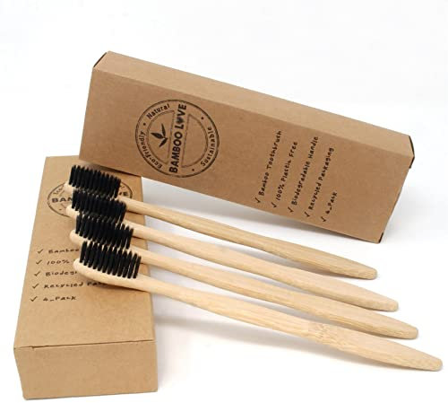 Bambus-Zahnbürste, mittelweich, schwarz, 4 Stück, vollständig recycelbar, biologisch abbaubar