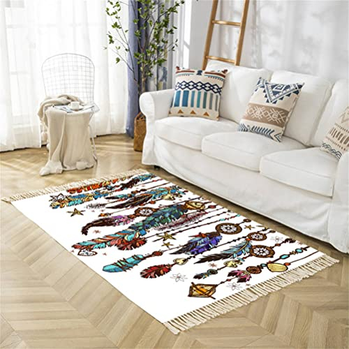Tomifine Traumfänger Blume Teppich mit Quasten, Geflochtener Baumwolle Teppich Weiche Waschbarer Für Küche Schlafzimmer Wohnzimmer Eingangsbereich (90x180cm,Feder)