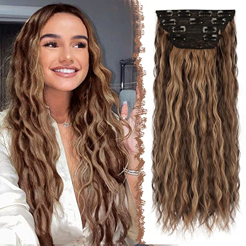 FESHFEN Clip in Extensions Wellen Haarverlängerung, 4 PCS Gewellt Clip Haar Extensions Synthetik Lang Haarextension Clips Balayage Haarteile für Damen, Honigblond & Hellbraun 50 cm