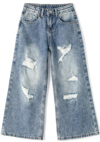 KIDSCOOL SPACE Jeans Svasati per Bambina, Pantaloni in Denim Estivo a Gamba Larga con Fori in difficoltà per Bambina
