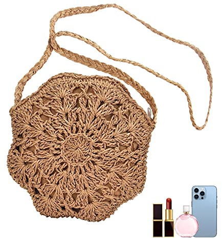 ZoneYan Sac de Paille Femme, Weave Sac à Bandoulière avec Fermeture à Glissière, Sac Tissé à la Main, Sac Tissé à Bandoulière, Sac Bandoulière en Paille Pour Voyage Vacances Utilisation Quotidienne
