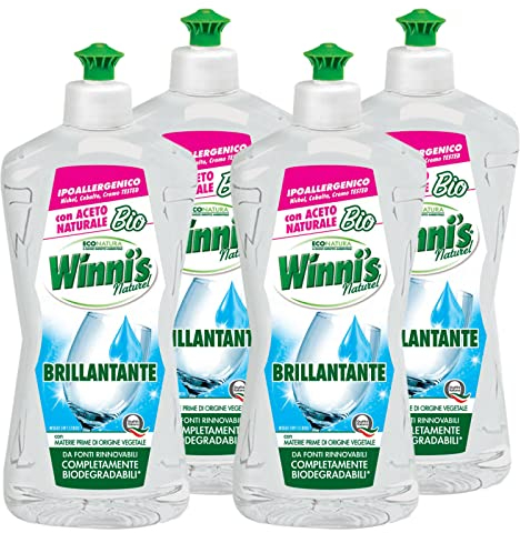 Winni's Naturel Brillant pour lave-vaisselle avec vinaigre naturel bio hypoallergénique matières premières d'origine végétale entièrement biodégradables – 4 flacons de 250 ml