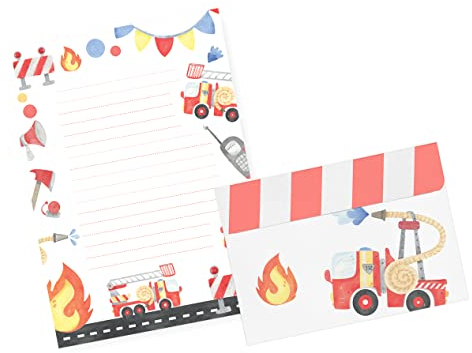 Friendly Fox Kinder Briefpapier Feuerwehr, 1x DIN A5 Schreibblock mit Linien und 20 Umschläge, Kinder Briefblock liniert Briefpapier Set für Kinder