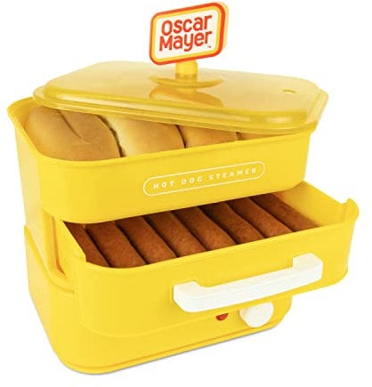 Nostalgia Oscar Mayer Hot Dog Dampfgarer und Brötchenwärmer, 8 Hot Dog und 4 Brötchen, Dampfbrötchen, Würstchen, Gemüse, Fisch, Knödel, Gelb