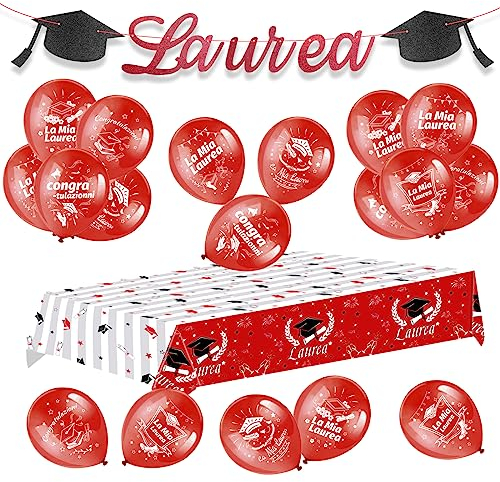 HOWAF Decorazioni per Laurea Rossi, Palloncini, Striscione con Scritta Laurea, Festoni, Banner, Tovaglia, Gadget Addobbi da Tavolo