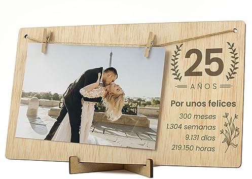 CONTRAXT Marco de fotos 25 años aniversario cumpleaños. Ideas detalles regalos 25 aniversario parejas novios casados bodas de plata Tarjeta felicitacion Feliz aniversario hombre mujer (25 Años)