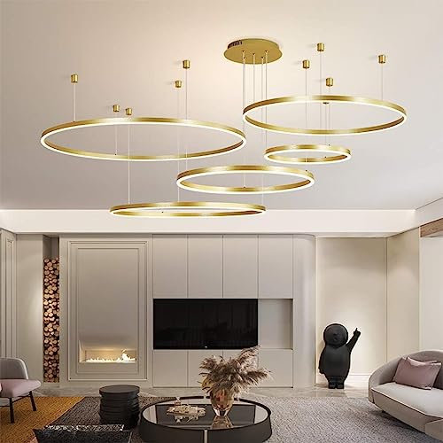 LED Hängelleuchte Wohnzimmerlampe Hängelampe Esstisch Pendelleuchte Dimmbar Mit Fernbedienung Pendellampe Moderne Aluminium Runde Acryl Beleuchtung Kronleuchter ( Color : Gold , Größe : 5laps 20+40+60