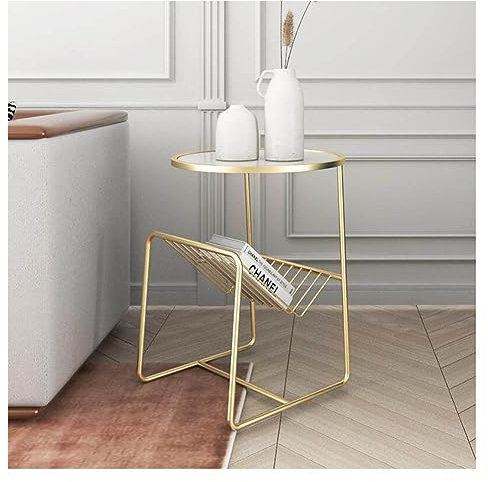 WolFum Runder Beistelltisch mit Zeitungsständer, luxuriöser Nachttisch, Rock-Couchtisch, 2-stufiger Plattenspielerständer, Beistelltische für Schlafzimmer, Wohnzimmer, kleine Räume (Farbe: Weiß,