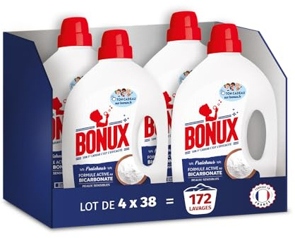 Bonux - Pack de 4 Lessives Liquides Fraîcheur Bouteille - Fabrication Française - Adapté peaux sensibles - Nettoie en Profondeur - Pour linge Blanc & Couleur - 4 x 38 Lavages - Cadeaux OFFERTS